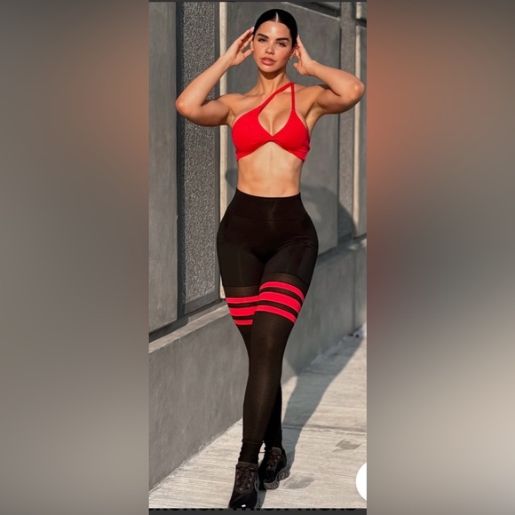 Bombshell Sportswear Scrunch Thigh Highs- Black and Red Leggings - Picture 6 of 16
